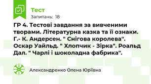 ГР 4. Тестові завдання за вивченими творами. Літературна казка та її ознаки. Г.- К. Андерсен. " Снігова королева". Оскар Уайльд. " Хлопчик - Зірка". Роальд Дал. " Чарлі і шоколадна фабрика".