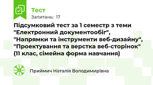 Підсумковий тест за 1 семестр з теми "Електронний документообіг", "Напрямки та інструменти веб-дизайну", "Проектування та верстка веб-сторінок" (11 клас, сімейна форма навчання)