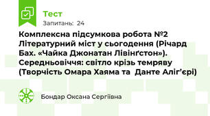 Комплексна підсумкова робота №2 Літературний міст у сьогодення (Річард Бах. «Чайка Джонатан Лівінґстон»). Середньовіччя: світло крізь темряву (Творчість Омара Хаяма та  Данте Аліг’єрі)