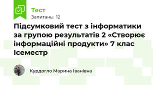 Підсумковий тест з інформатики за групою результатів 2 «Створює інформаційні продукти» 7 клас Ісеместр