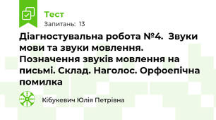 Діагностувальна робота №4.  Звуки мови та звуки мовлення. Позначення звуків мовлення на письмі. Склад. Наголос. Орфоепічна помилка