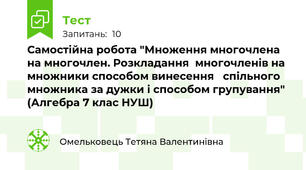 Самостійна робота "Множення многочлена на многочлен. Розкладання  многочленів на множники способом винесення   спільного множника за дужки і способом групування" (Алгебра 7 клас НУШ) 