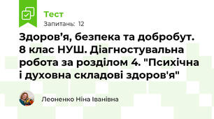Здоров’я, безпека та добробут. 8 клас НУШ. Діагностувальна робота за розділом 4. "Психічна і духовна складові здоров'я"