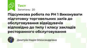 Підсумкова робота по РН 1 Виконувати підготовку торговельних залів до обслуговування відвідувачів відповідно до типу і класу закладів ресторанного обслуговування