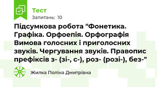 Підсумкова робота "Фонетика. Графіка. Орфоепія. Орфографія Вимова голосних і приголосних звуків. Чергування звуків. Правопис префіксів з- (зі-, с-), роз- (розі-), без-"