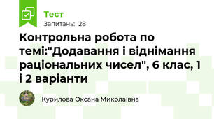 Контрольна робота по темі:"Додавання і віднімання раціональних чисел", 6 клас, 1 і 2 варіанти