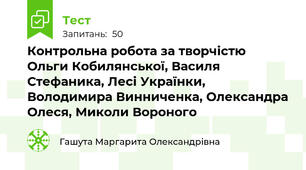 Контрольна робота за творчістю Ольги Кобилянської, Василя Стефаника, Лесі Українки, Володимира Винниченка, Олександра Олеся, Миколи Вороного