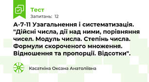 А-7-11 Узагальнення і систематизація. "Дійсні числа, дії над ними, порівняння чисел. Модуль числа. Степінь числа. Формули скороченого множення. Відношення та пропорції. Відсотки".