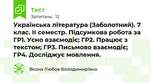 Українська література (Заболотний). 7 клас. ІІ семестр. Підсумкова робота за ГР1. Усно взаємодіє; ГР2. Працює з текстом; ГР3. Письмово взаємодіє; ГР4. Досліджує мовлення.
