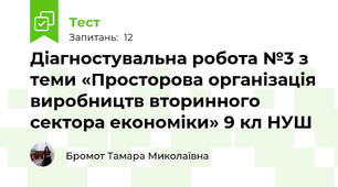Діагностувальна робота №3 з теми «Просторова організація виробництв вторинного сектора економіки» 9 кл НУШ