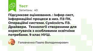 Підсумкове оцінювання. : Інфор сист, інформаційні процеси в них. ПЗ ПК. Операційні системи. Сумісність ПЗ. Драйвери.  Технології створеними для користувачів з особливими освітніми потребами. 9 клас НУШ.