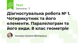 Діагностувальна робота № 1. Чотирикутник та його елементи. Паралелограм та його види. 8 клас геометрія