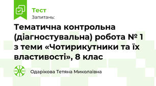 Тематична контрольна (діагностувальна) робота № 1 з теми «Чотирикутники та їх властивості», 8 клас