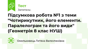 Підсумкова робота №1 з теми "Чотирикутник, його елементи. Паралелограм та його види" (Геометрія 8 клас НУШ)