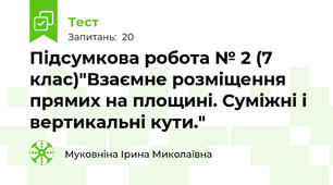 Підсумкова робота № 2 (7 клас)"Взаємне розміщення прямих на площині. Суміжні і вертикальні кути." 