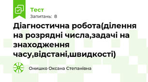 Діагностична робота(ділення на розрядні числа,задачі на знаходження часу,відстані,швидкості)