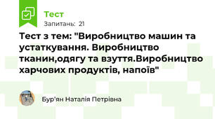 Тест з тем: "Виробництво машин та устаткування. Виробництво тканин,одягу та взуття.Виробництво харчових продуктів, напоїв"