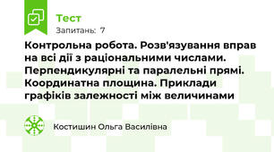 Контрольна робота. Розв'язування вправ на всі дії з раціональними числами. Перпендикулярні та паралельні прямі. Координатна площина. Приклади графіків залежності між величинами