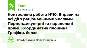 Контрольна робота №10. Вправи на всі дії з раціональними числами. Перпендикулярні та паралельні прямі. Координатна площина. Графіки. 6клас