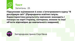 Підсумкове оцінювання 4 клас з інтегрованого курсу "Я досліджую світ" (Природнича освітня галузь. Характеристика результату навчання: знаходить і показує на карті Україну, материки, океани та інші об'єкти відповідно до навчального завдання)