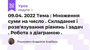 09.04. 2022 Тема : Множення суми на число . Складання і розв'язування рівнянь і задач . Робота з діаграмою .