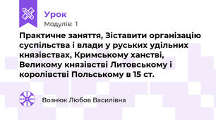 Практичне заняття, Зіставити організацію суспільства і влади у руських удільних князівствах, Кримському ханстві, Великому князівстві Литовському і королівстві Польському в 15 ст.