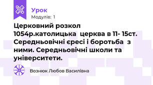 Церковний розкол 1054р.католицька  церква в 11- 15ст.  Середньовічні єресі і боротьба  з ними. Середньовічні школи та  університети.