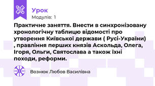 Практичне заняття. Внести в синхронізовану хронологічну таблицю відомості про утворення Київської держави ( Русі-України) , правління перших князів Аскольда, Олега, Ігоря, Ольги, Святослава а також їхні походи, реформи.