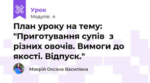 План уроку на тему: "Приготування супів  з різних овочів. Вимоги до якості. Відпуск."