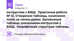 Інструктаж з БЖД.  Практична робота № 12. Створення таблиць, означення полів за типом даних. Заповнення таблиць значеннями.Інструктаж з БЖД.  Модифікація структури таблиць.