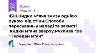 ІБЖ.Кидки м*яча знизу однією рукою  від стіни.Способи пересувань у нападі та захисті .Кидки м*яча зверху.Рухлива гра "Передай м*яч"