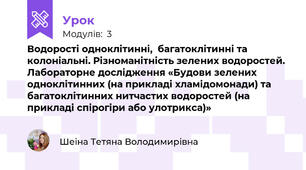 Водорості одноклітинні,  багатоклітинні та колоніальні. Різноманітність зелених водоростей. Лабораторне дослідження «Будови зелених одноклітинних (на прикладі хламідомонади) та багатоклітинних нитчастих водоростей (на прикладі спірогіри або улотрикса)»
