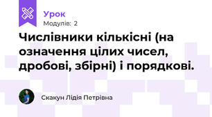Числівники кількісні (на означення цілих чисел, дробові, збірні) і порядкові.