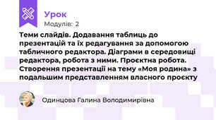 Теми слайдів. Додавання таблиць до презентацій та їх редагування за допомогою табличного редактора. Діаграми в середовищі редактора, робота з ними. Проєктна робота. Створення презентації на тему «Моя родина» з подальшим представленням власного проєкту