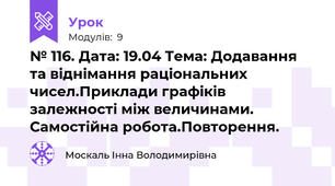 № 116. Дата: 19.04 Тема: Додавання та віднімання раціональних чисел.Приклади графіків залежності між величинами. Самостійна робота.Повторення.