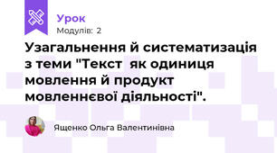 Узагальнення й систематизація з теми "Текст  як одиниця мовлення й продукт мовленнєвої діяльності".