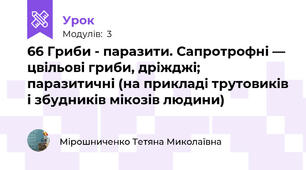 66 Гриби - паразити. Сапротрофні — цвільові гриби, дріжджі; паразитичні (на прикладі трутовиків і збудників мікозів людини)