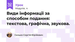 Види інформації за способом подання: текстова, графічна, звукова.