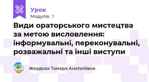 Види ораторського мистецтва за метою висловлення: інформувальні, переконувальні, розважальні та інші виступи