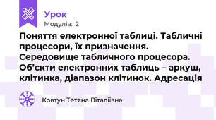 Поняття електронної таблиці. Табличні процесори, їх призначення. Середовище табличного процесора. Об’єкти електронних таблиць – аркуш, клітинка, діапазон клітинок. Адресація