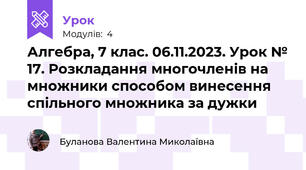 Алгебра, 7 клас. 06.11.2023. Урок № 17. Розкладання многочленів на множники способом винесення спільного множника за дужки