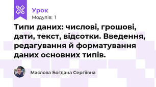 Типи даних: числові, грошові, дати, текст, відсотки. Введення, редагування й форматування даних основних типів.
