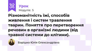 Різноманітність їжі, способів живлення і систем травлення тварин. Поняття про перетворення речовин в організмі людини (від травної системи до клітини).
