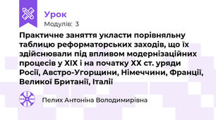 Практичне заняття укласти порівняльну таблицю реформаторських заходів, що їх здійснювали під впливом модернізаційних процесів у ХІХ і на початку ХХ ст. уряди Росії, Австро-Угорщини, Німеччини, Франції, Великої Британії, Італії 