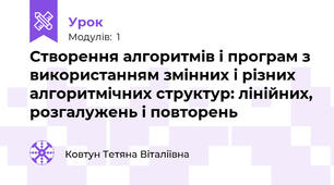 Створення алгоритмів і програм з використанням змінних і різних алгоритмічних структур: лінійних, розгалужень і повторень