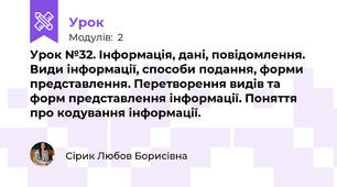 Урок №32. Інформація, дані, повідомлення. Види інформації, способи подання, форми представлення. Перетворення видів та форм представлення інформації. Поняття про кодування інформації.