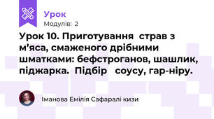 Урок 10. Приготування  страв з  м’яса, смаженого дрібними  шматками: бефстроганов, шашлик,  піджарка.  Підбір   соусу, гар-ніру.