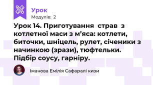 Урок 14. Приготування  страв  з  котлетної маси з м’яса: котлети, биточки, шніцель, рулет, січеники з начинкою (зрази), тюфтельки. Підбір соусу, гарніру.
