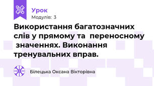 Використання багатозначних слів у прямому та  переносному  значеннях. Виконання тренувальних вправ.