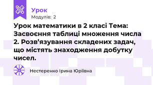 Урок математики в 2 класі Тема: Засвоєння таблиці множення числа 2. Розв’язування складених задач, що містять знаходження добутку чисел.